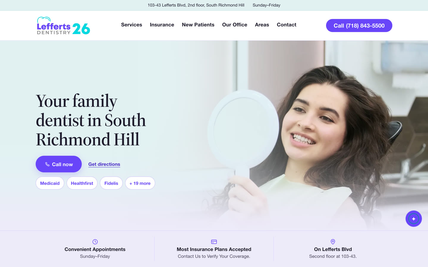 The live Lefferts 26 Dentistry home page: the headline Your family dentist in South Richmond Hill, a purple Call now button, and a patient holding a mirror.