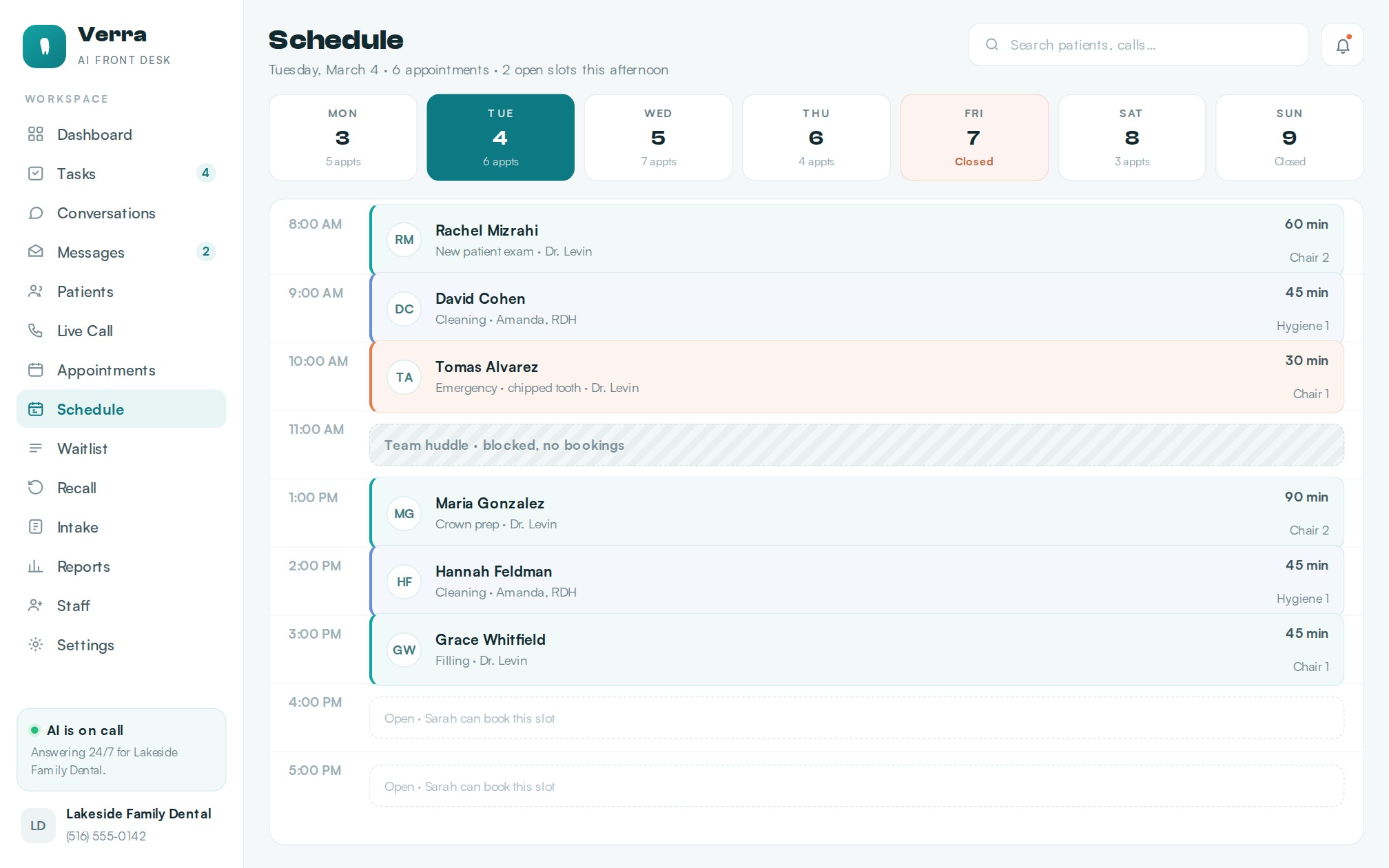 Verra schedule — a day of appointments with providers and chairs, a blocked hour, open slots and a closed day